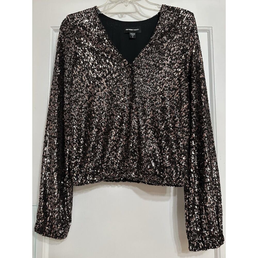 Fifteen Twenty Sequin V-Neck Long Sleeve Wrap Top - Brown/Black,‎ Small